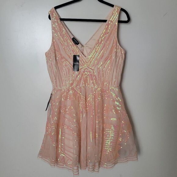 $198 NEW XL BEBE PEACH PINK TULLE SEQUIN SLEEVELESS FIT FLARE MINI DRESS NWT - Picture 8 of 11